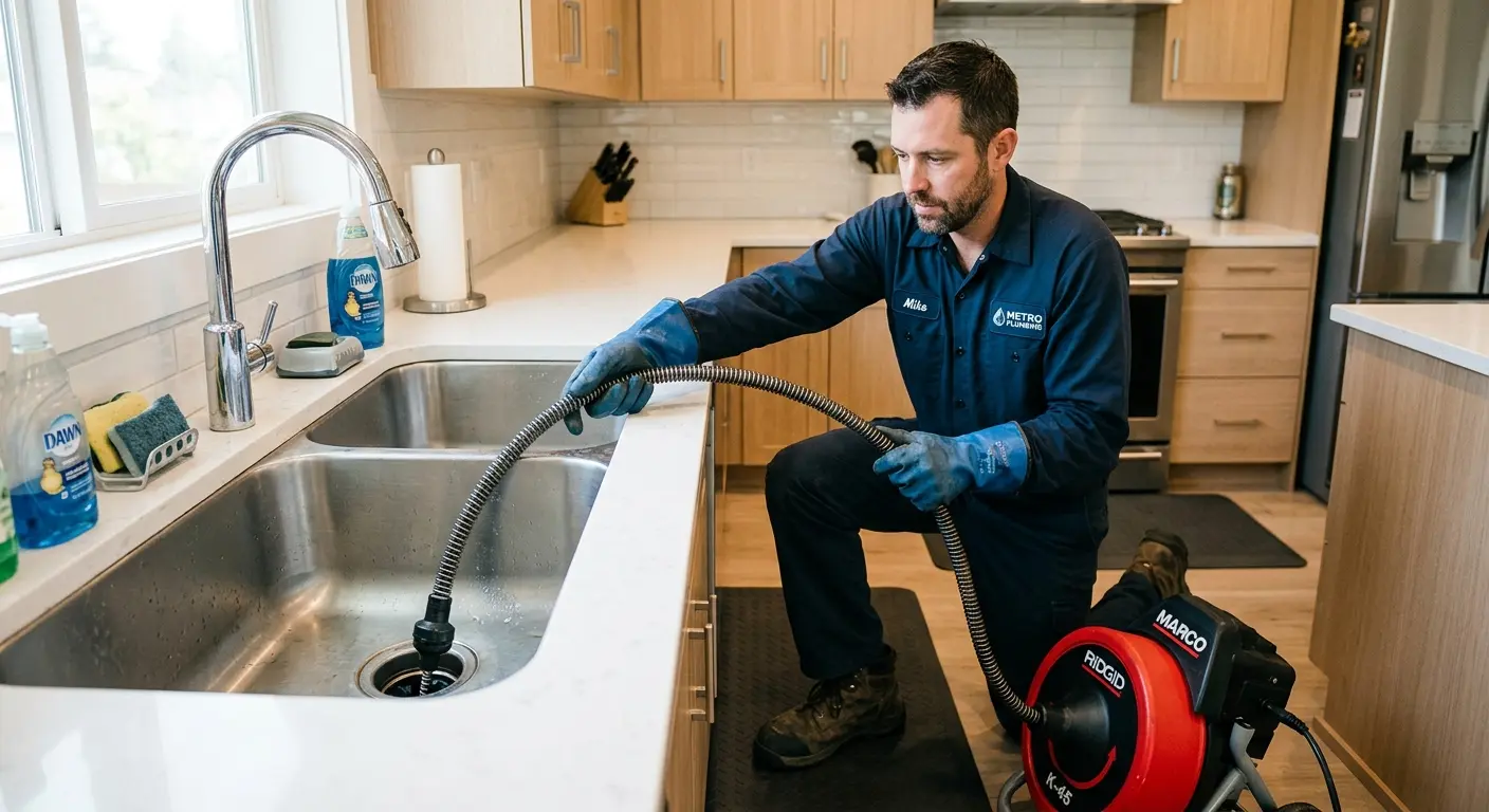 Drain cleaning technician using a motorized snake on a kitchen sink in Chartiers