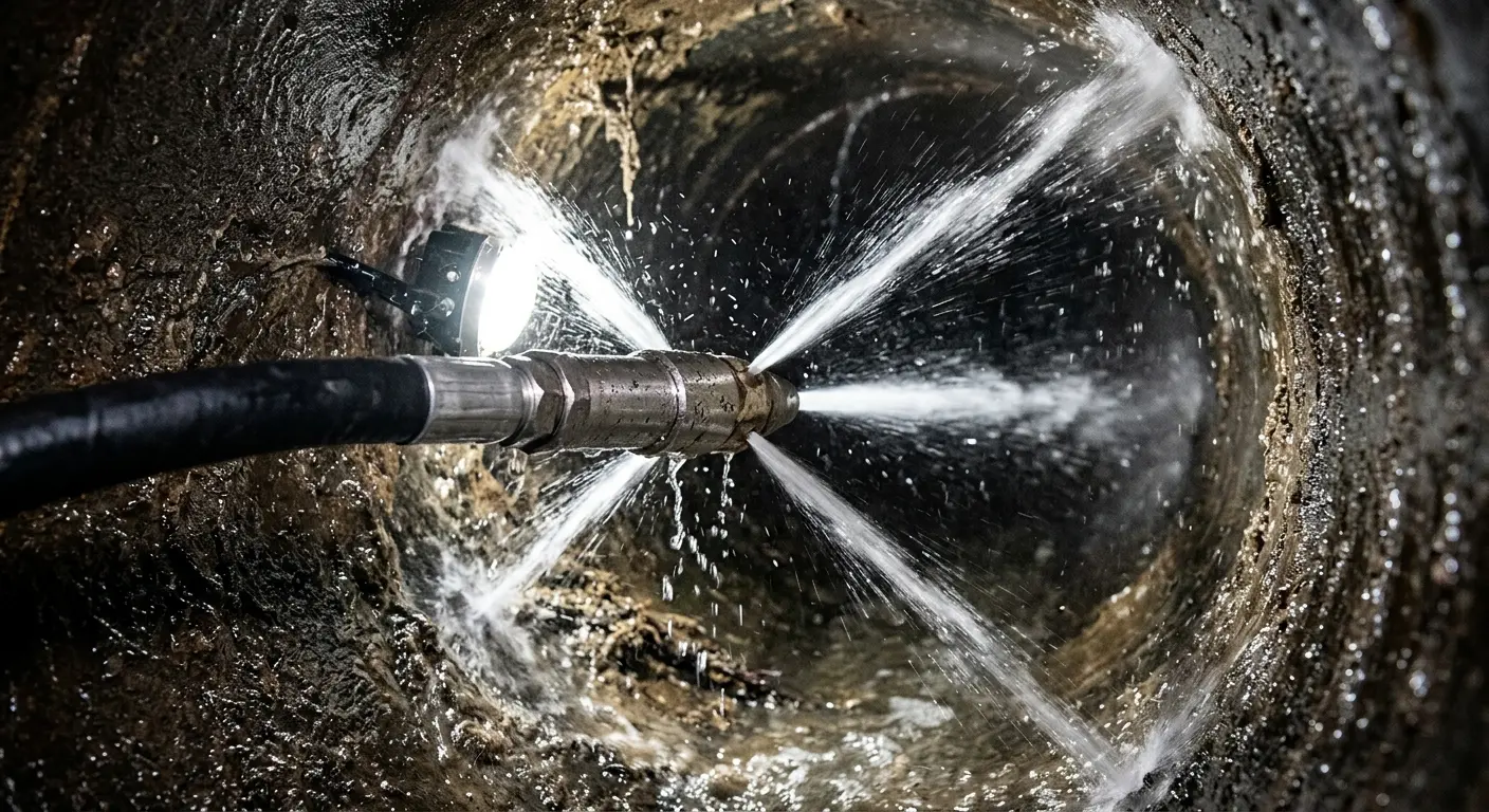 High-pressure hydro jetting nozzle cleaning sewer pipe for Emergency Drain Service in Chartiers
