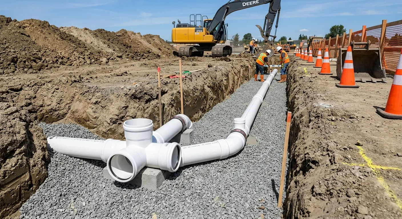 New PVC sewer pipe installation in open trench for Commercial Drain Cleaning in Chartiers