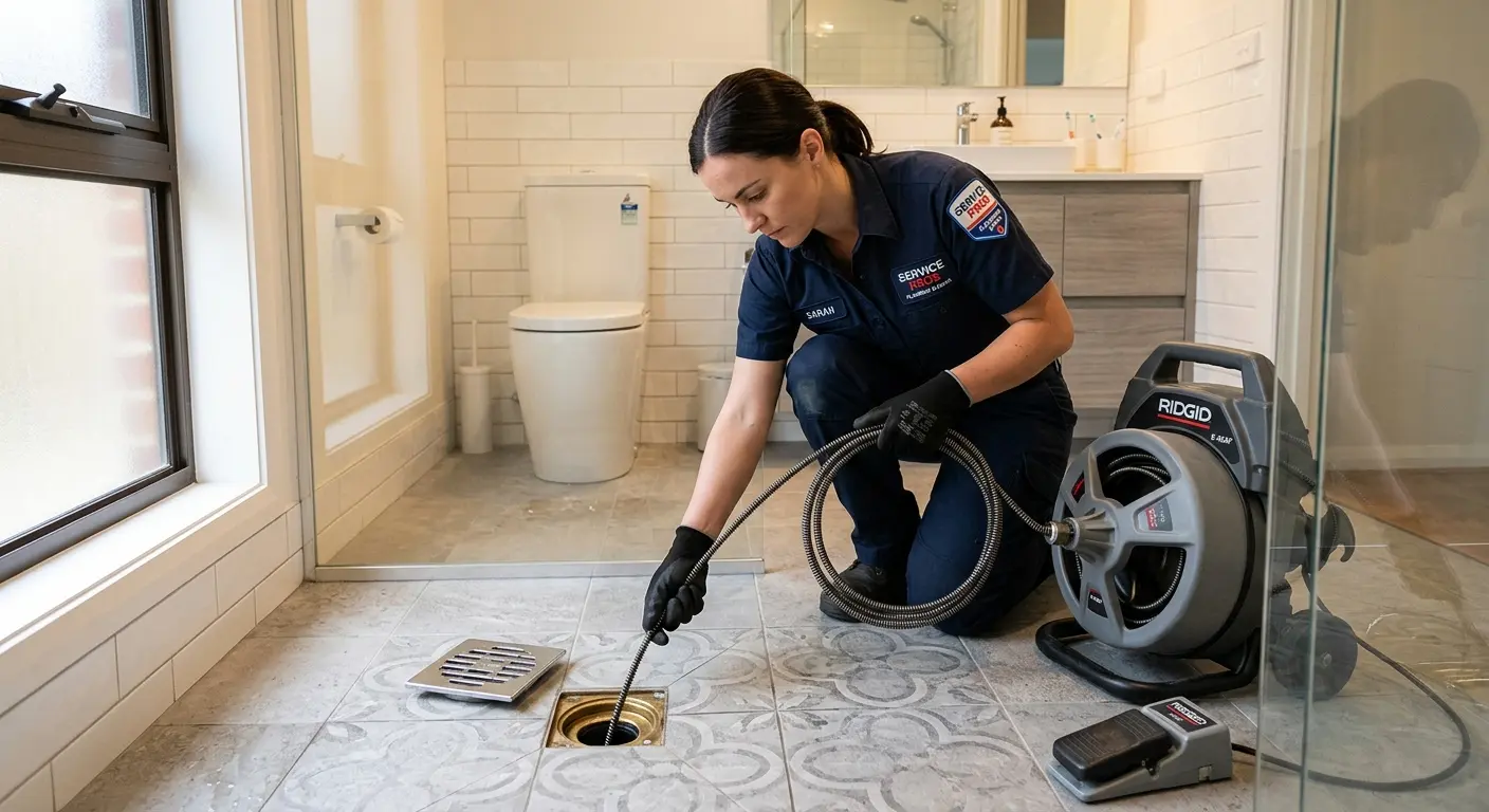 Technician clearing a bathroom floor drain for Drain Cleaning in Chartiers